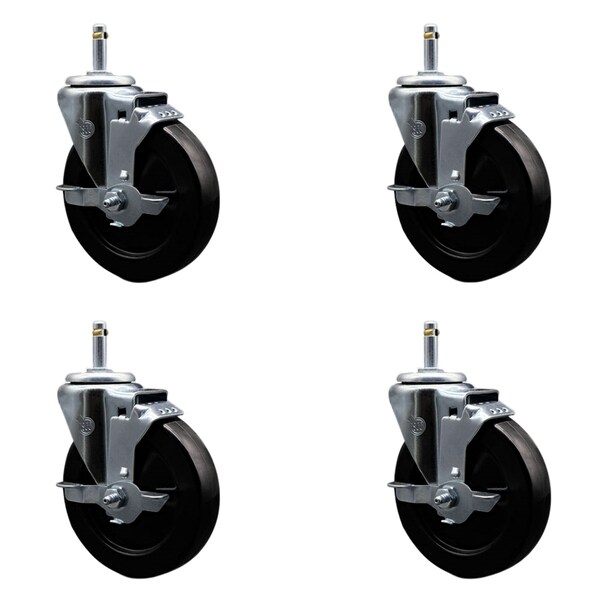 5'' Hard Rubber Wheel Swivel 7/16'' Grip Ring Stem Caster Set with Brake, 4PK